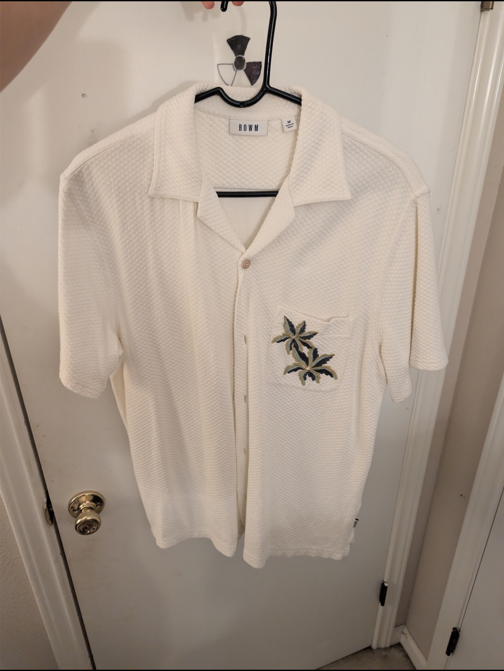 Men's Rowm Cream Short-Sleeve Button-Up Shirt with Palm Embroidery